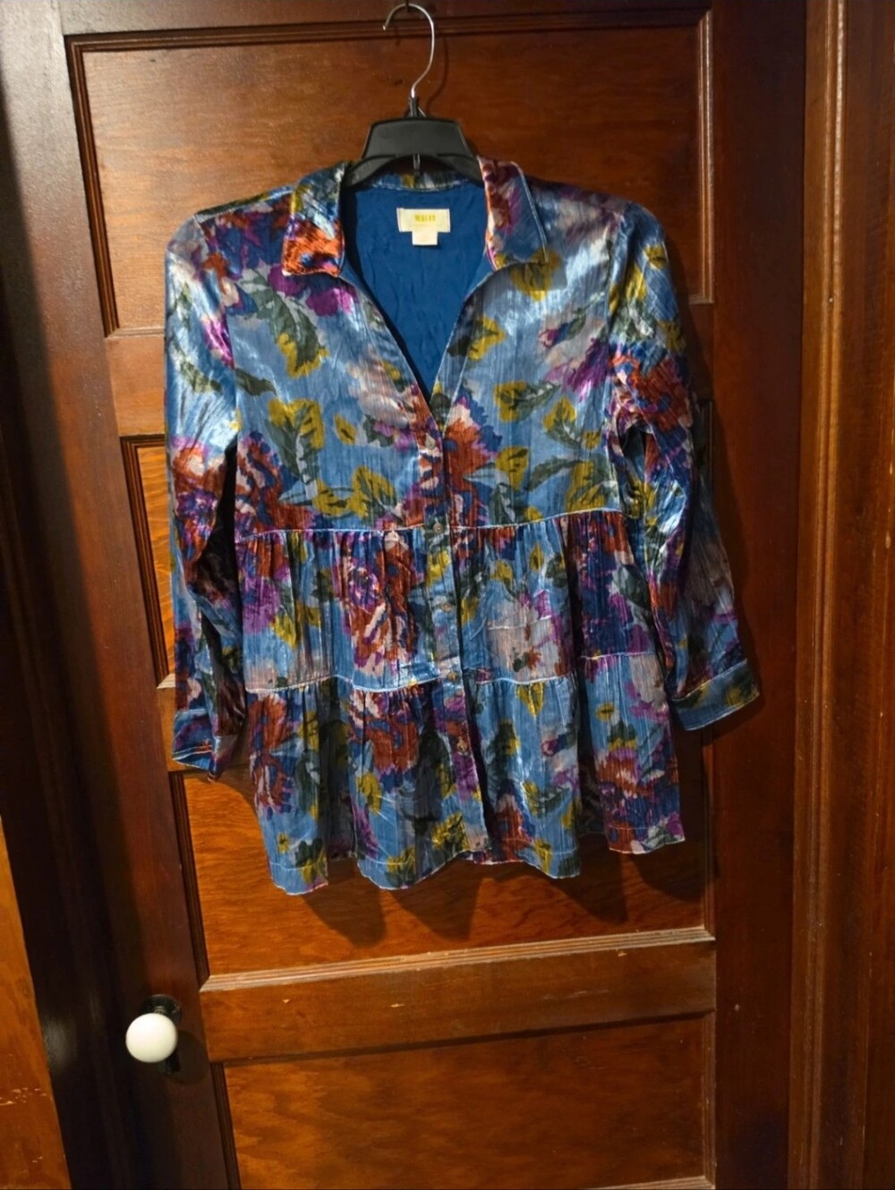 Anthropologie Blue Multicolor Velour Floral Tunic